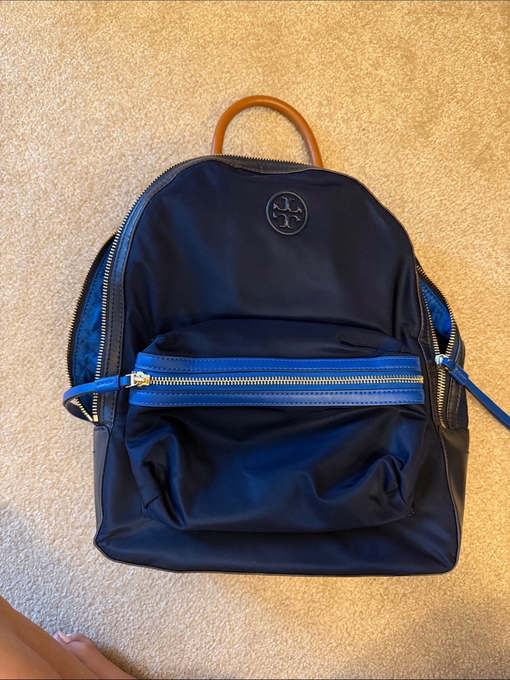 Tory Burch Navy Backpack with Bright Blue Trim and Tan Handle - Picture 1 of 4